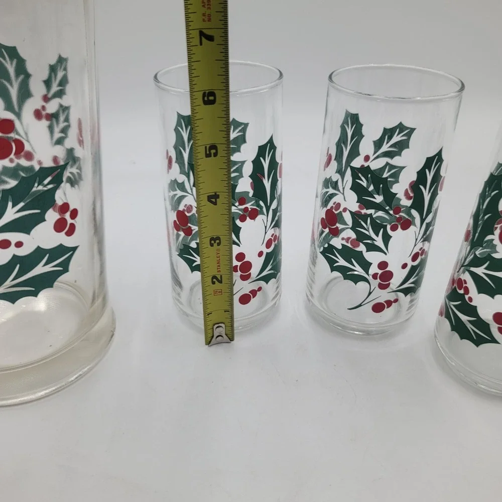 Vintage Libbey Christmas Holly Berry Glass Pitcher and 3 Tumbler Set Red Green